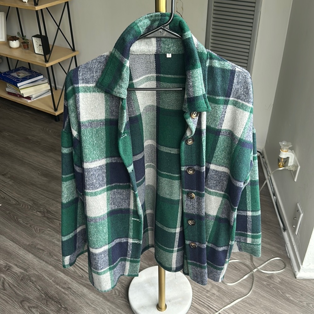 Green and Blue Flannel Button Down Jacket